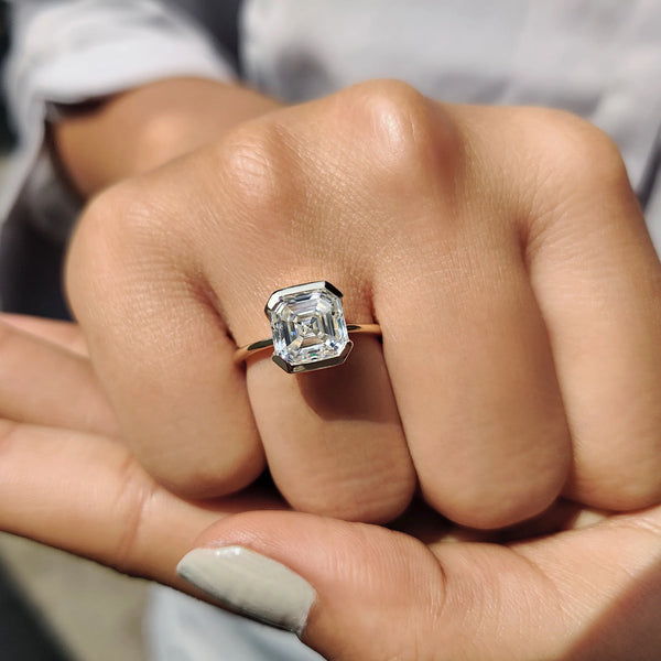 3.0 CT Asscher Half Bezel Style Lab Grown Diamond Engagement Ring - 005 31bd9f7c 3289 4690 a1a5 0855e72ca9d0