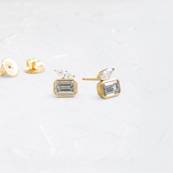 Toi Et Moi & Bezel- 2.0 CT Emerald & Marquise Lab Grown Diamond Stud Earrings - Solitaire- 1.0CT Oval Lab Grown Diamond Earrings