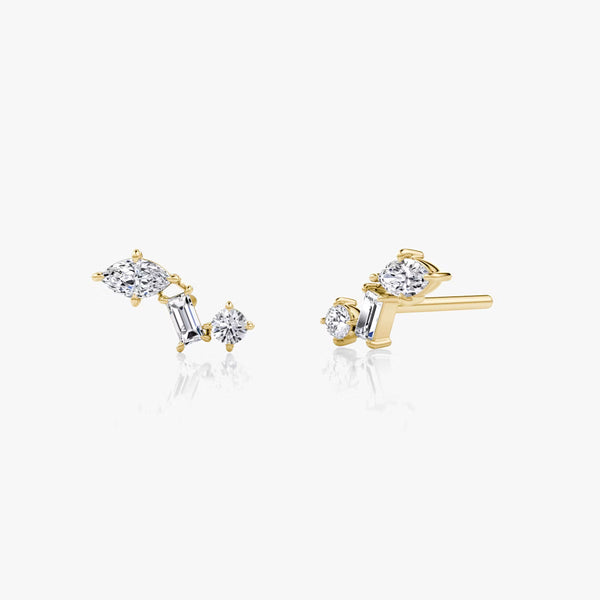 Three Stone- 0.19 CT Round, Baguette & Marquise Moissanite Stud Earrings - Three Stone- 0.19 CT Round, Baguette & Marquise Moissanite Stud Earrings