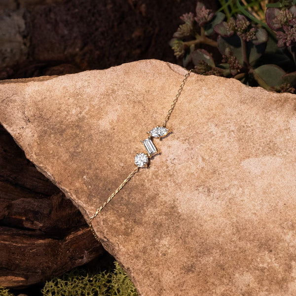 Three Stone- 0.36 CT Round, Marquise & Baguette Moissanite Bracelet - Three Stone- 0.36 CT Round, Marquise & Baguette Moissanite Bracelet