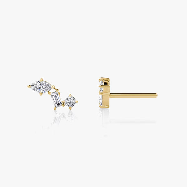 Three Stone- 0.19 CT Round, Baguette & Marquise Moissanite Stud Earrings - Three Stone- 0.19 CT Round, Baguette & Marquise Moissanite Stud Earrings