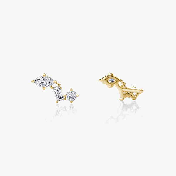 Three Stone- 0.19 CT Round, Baguette & Marquise Moissanite Stud Earrings - Three Stone- 0.19 CT Round, Baguette & Marquise Moissanite Stud Earrings