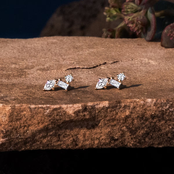 Three Stone- 0.19 CT Round, Baguette & Marquise Moissanite Stud Earrings - Three Stone- 0.19 CT Round, Baguette & Marquise Moissanite Stud Earrings