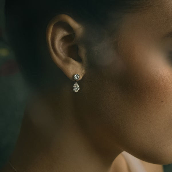 Two Stone- 3.0 CT Pear & Round Moissanite Stud Earrings - Two Stone- 3.0 CT Pear & Round Moissanite Stud Earrings