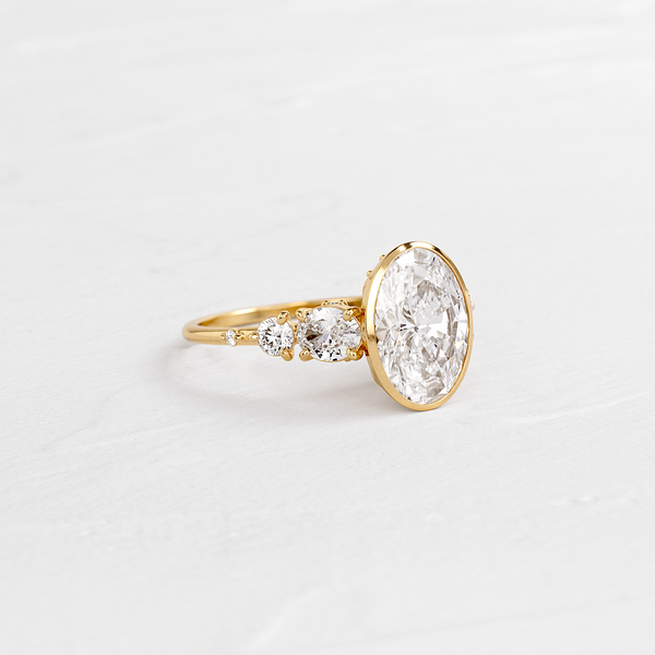 Bezel Five Stones & Dainty Pave-Oval Lab Grown Diamond Engagement Ring - Solitaire-Oval Lab Grown Diamond Engagement Ring