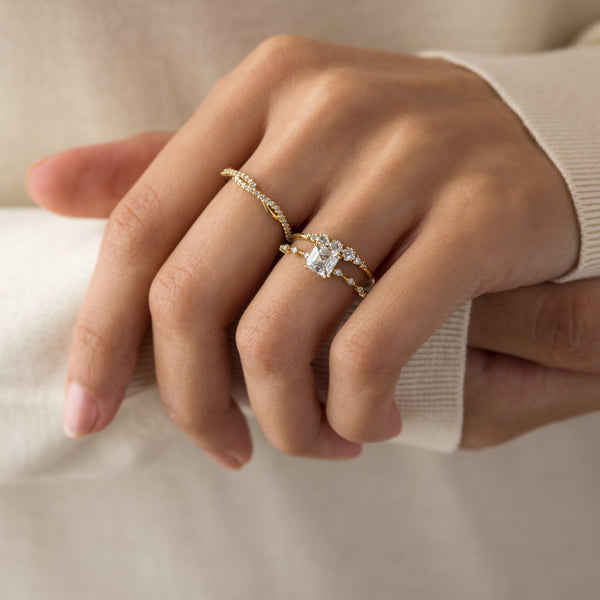 Dainty Pave-Asscher Lab Grown Diamond Engagement Ring - Solitaire-Oval Lab Grown Diamond Engagement Ring