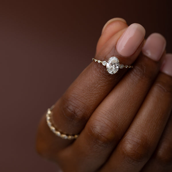 Three Stone & Pave-Oval Lab Grown Diamond Engagement Ring - Solitaire-Oval Lab Grown Diamond Engagement Ring