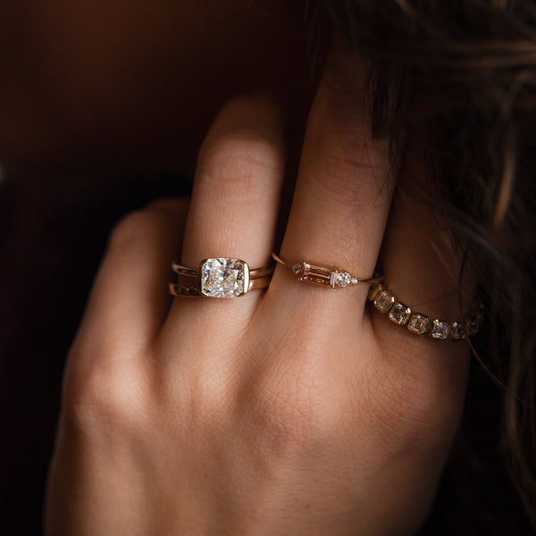 Half Bezel & East West-Elongated Cushion Lab Grown Diamond Engagement Ring - Solitaire-Oval Lab Grown Diamond Engagement Ring