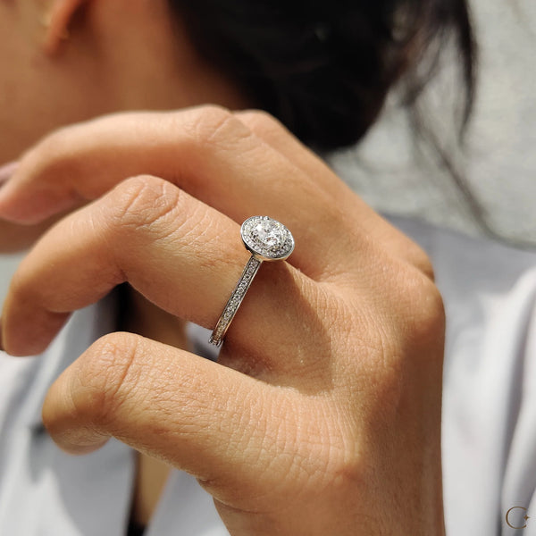 0.50 CT Round Halo Bezel & Pave Style Lab Grown Diamond Engagement Ring - 8 054785e2 f876 44b9 9212 a200a63acbd0