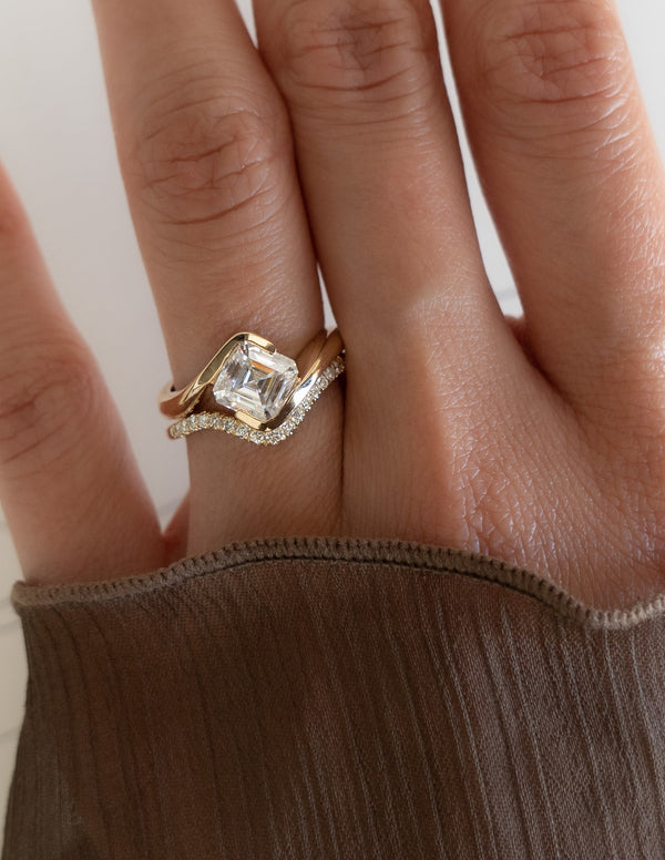 Solitaire Rapture Half Bezel & Pave Band- 1.5 CT Asscher Lab Grown Diamond Bridal Set - Solitaire Rapture & Pave Band- Oval Lab Grown Diamond Bridal Set