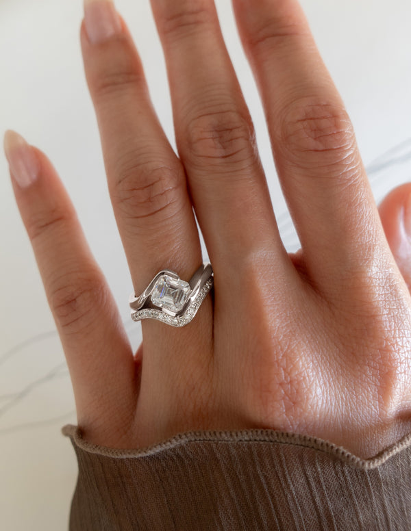 Solitaire Rapture Half Bezel & Pave Band- 1.5 CT Asscher Lab Grown Diamond Bridal Set - Solitaire Rapture & Pave Band- Oval Lab Grown Diamond Bridal Set