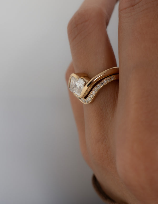 Solitaire Rapture Half Bezel & Pave Band- 1.5 CT Asscher Lab Grown Diamond Bridal Set - Solitaire Rapture & Pave Band- Oval Lab Grown Diamond Bridal Set