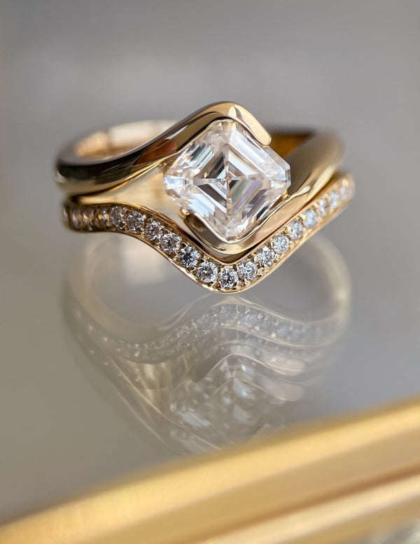 Solitaire Rapture Half Bezel & Pave Band- 1.5 CT Asscher Lab Grown Diamond Bridal Set - Solitaire Rapture & Pave Band- Oval Lab Grown Diamond Bridal Set