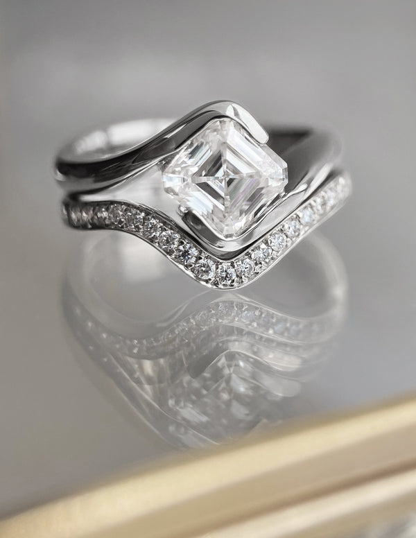 Solitaire Rapture Half Bezel & Pave Band- 1.5 CT Asscher Lab Grown Diamond Bridal Set - Solitaire Rapture & Pave Band- Oval Lab Grown Diamond Bridal Set