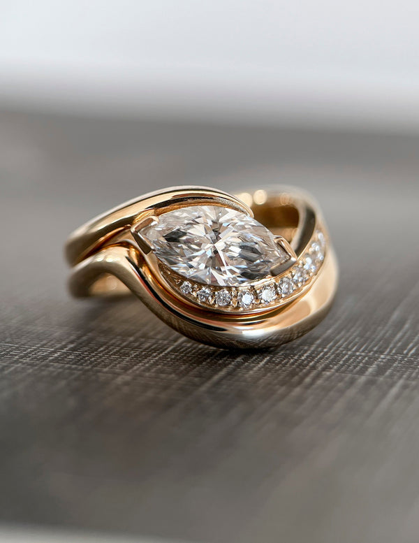 Solitaire East West Rapture Pave Band & Plain Band- 1 CT Marquise Lab Grown Diamond Bridal Set - Solitaire Rapture & Pave Band- Oval Lab Grown Diamond Bridal Set