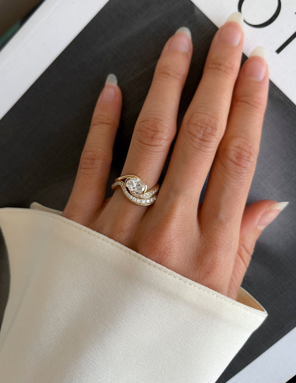 Solitaire Half Bezel Rapture & Pave Band- 1 CT Oval Lab Grown Diamond Bridal Set - Solitaire Rapture & Pave Band- Oval Lab Grown Diamond Bridal Set