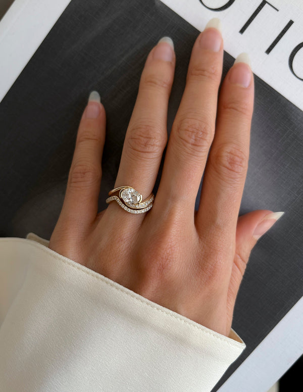 Solitaire Half Bezel Rapture & Pave Band- 1 CT Oval Lab Grown Diamond Bridal Set - Solitaire Rapture & Pave Band- Oval Lab Grown Diamond Bridal Set