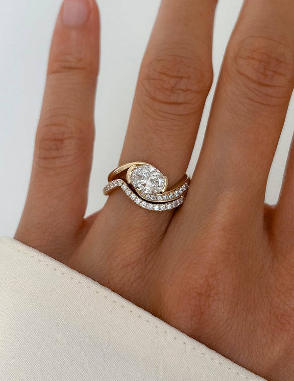 Solitaire Half Bezel Rapture & Pave Band- 1 CT Oval Lab Grown Diamond Bridal Set - Solitaire Rapture & Pave Band- Oval Lab Grown Diamond Bridal Set
