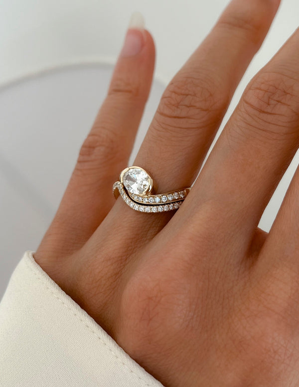 Solitaire Half Bezel Rapture & Pave Band- 1 CT Oval Lab Grown Diamond Bridal Set - Solitaire Rapture & Pave Band- Oval Lab Grown Diamond Bridal Set