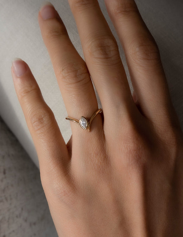 Solitaire Bezel Asymmetrical Band-Marquise Lab Grown Diamond Engagement Ring - Solitaire-Oval Lab Grown Diamond Engagement Ring
