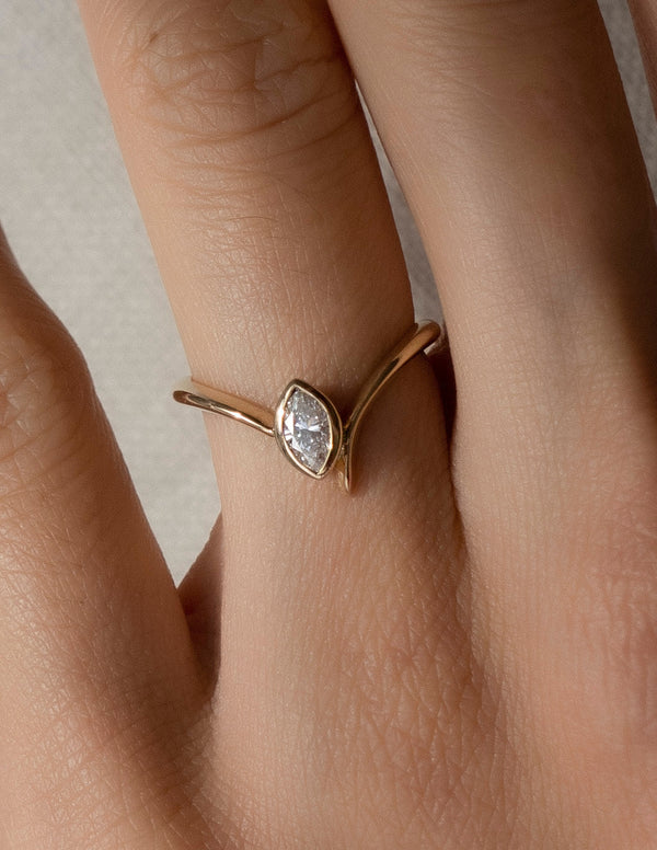 Solitaire Bezel Asymmetrical Band-Marquise Lab Grown Diamond Engagement Ring - Solitaire-Oval Lab Grown Diamond Engagement Ring