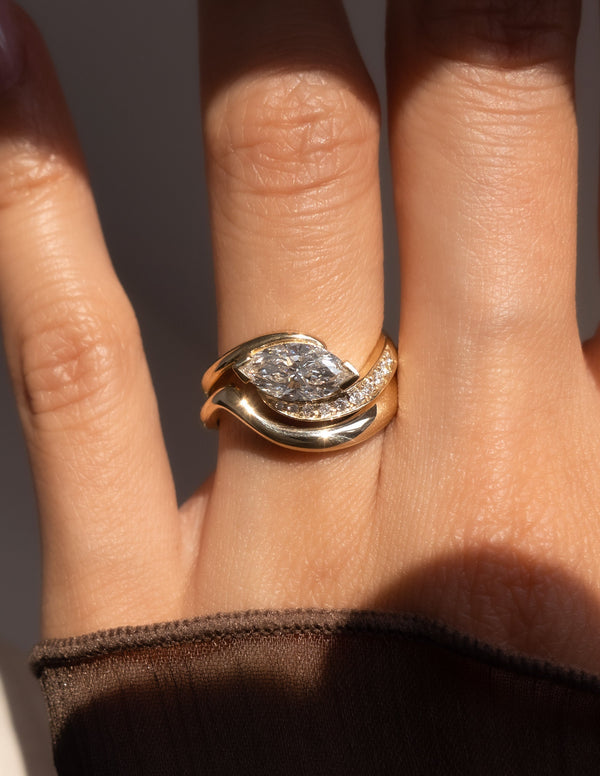 Solitaire East West Rapture Pave Band & Plain Band- 1 CT Marquise Lab Grown Diamond Bridal Set - Solitaire Rapture & Pave Band- Oval Lab Grown Diamond Bridal Set