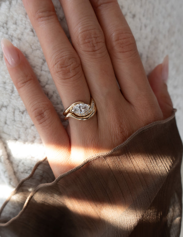 Solitaire East West Rapture Pave Band & Plain Band- 1 CT Marquise Lab Grown Diamond Bridal Set - Solitaire Rapture & Pave Band- Oval Lab Grown Diamond Bridal Set