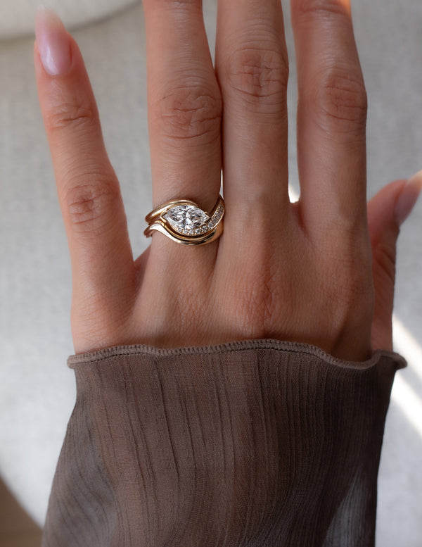 Solitaire East West Rapture Pave Band & Plain Band- 1 CT Marquise Lab Grown Diamond Bridal Set - Solitaire Rapture & Pave Band- Oval Lab Grown Diamond Bridal Set