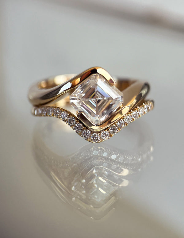 Solitaire Rapture Half Bezel & Pave Band- 1.5 CT Asscher Lab Grown Diamond Bridal Set - Solitaire Rapture & Pave Band- Oval Lab Grown Diamond Bridal Set