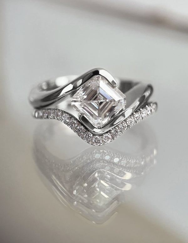 Solitaire Rapture Half Bezel & Pave Band- 1.5 CT Asscher Lab Grown Diamond Bridal Set - Solitaire Rapture & Pave Band- Oval Lab Grown Diamond Bridal Set