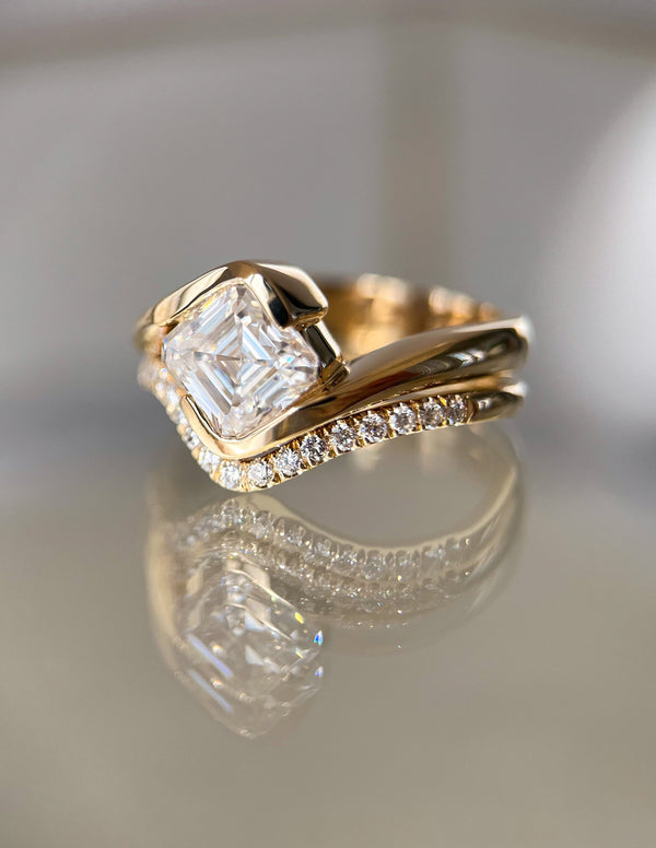 Solitaire Rapture Half Bezel & Pave Band- 1.5 CT Asscher Lab Grown Diamond Bridal Set - Solitaire Rapture & Pave Band- Oval Lab Grown Diamond Bridal Set