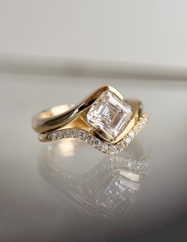 Solitaire Rapture Half Bezel & Pave Band- 1.5 CT Asscher Lab Grown Diamond Bridal Set - Solitaire Rapture & Pave Band- Oval Lab Grown Diamond Bridal Set