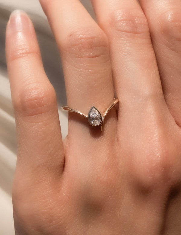 Solitaire Bezel Asymmetrical Band-Pear Lab Grown Diamond Engagement Ring - Solitaire-Oval Lab Grown Diamond Engagement Ring