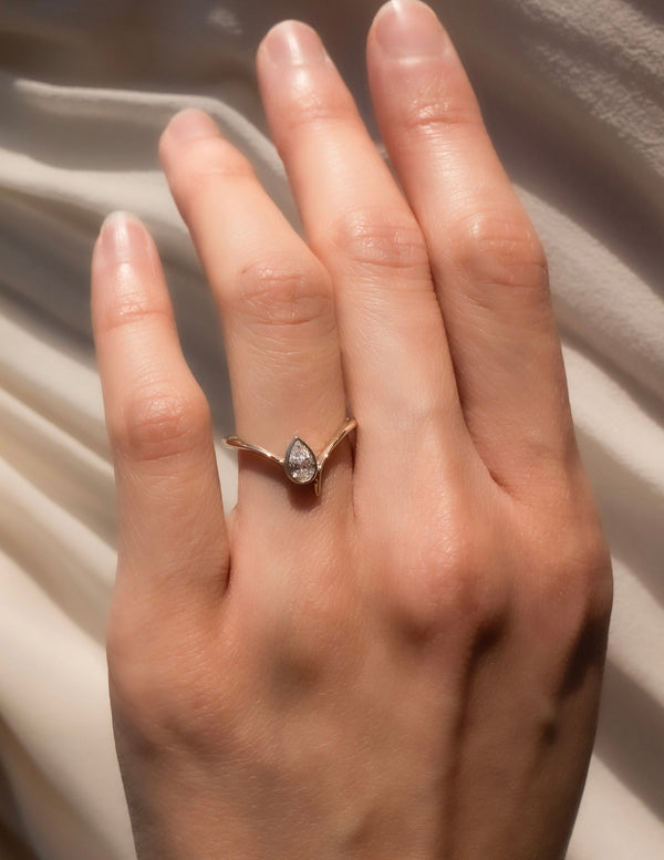 Solitaire Bezel Asymmetrical Band-Pear Lab Grown Diamond Engagement Ring - Solitaire-Oval Lab Grown Diamond Engagement Ring
