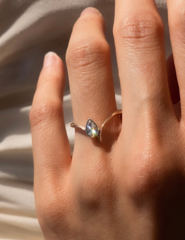 Solitaire Bezel Asymmetrical Band-Pear Lab Grown Diamond Engagement Ring - Solitaire-Oval Lab Grown Diamond Engagement Ring