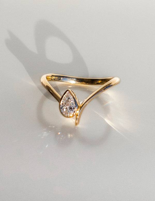 Solitaire Bezel Asymmetrical Band-Pear Lab Grown Diamond Engagement Ring - Solitaire-Oval Lab Grown Diamond Engagement Ring