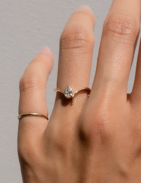 Solitaire Bezel Asymmetrical Band-Pear Lab Grown Diamond Engagement Ring - Solitaire-Oval Lab Grown Diamond Engagement Ring