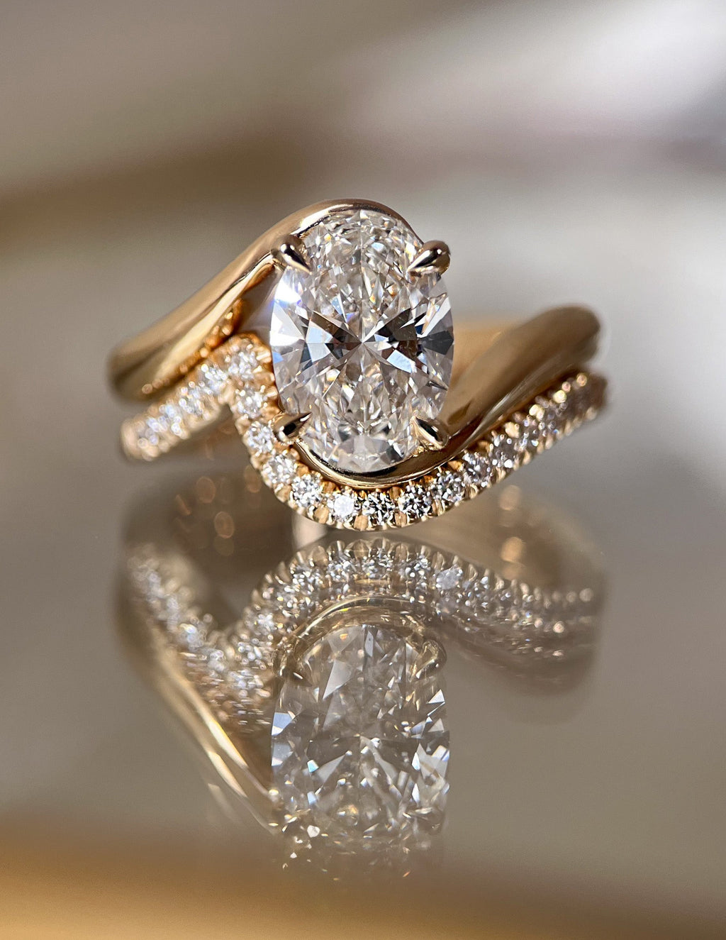Solitaire Rapture & Pave Band- Oval Lab Grown Diamond Bridal Set