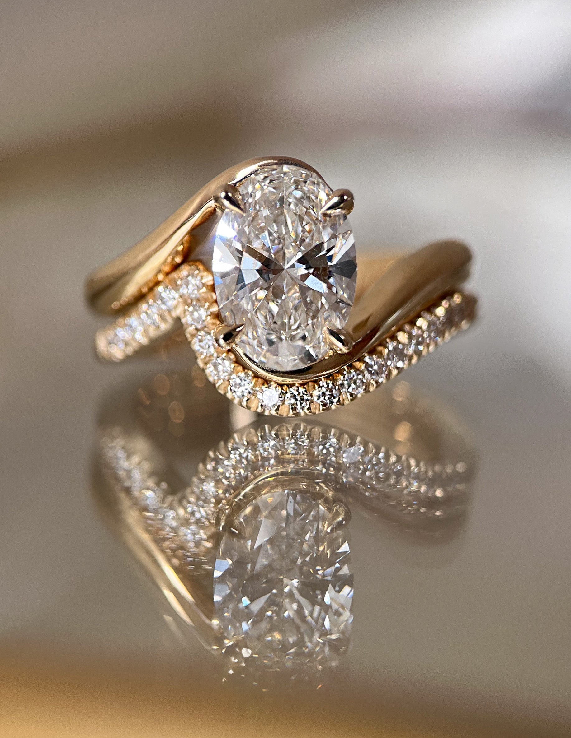 Solitaire Rapture & Pave Band- Oval Lab Grown Diamond Bridal Set