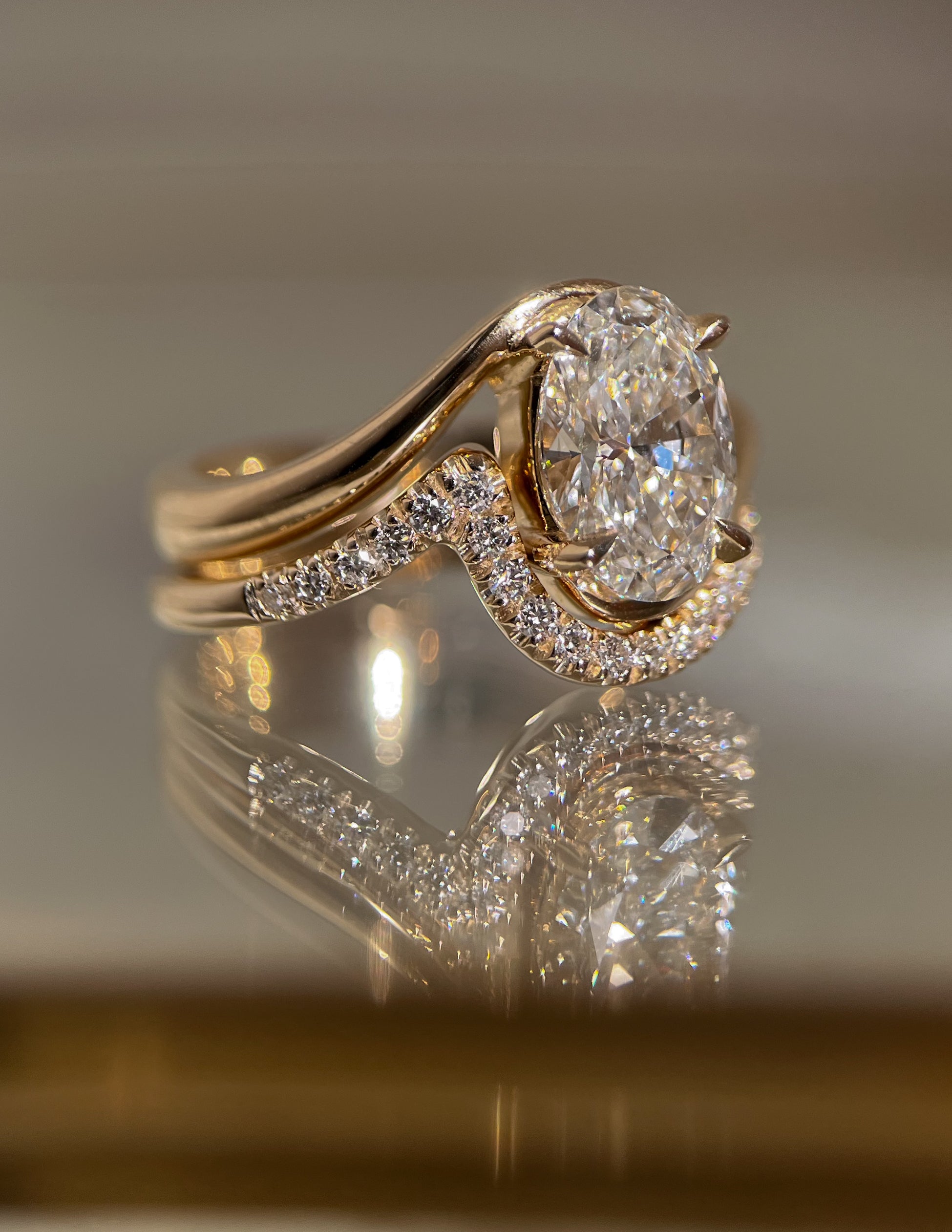 Solitaire Rapture & Pave Band- Oval Lab Grown Diamond Bridal Set