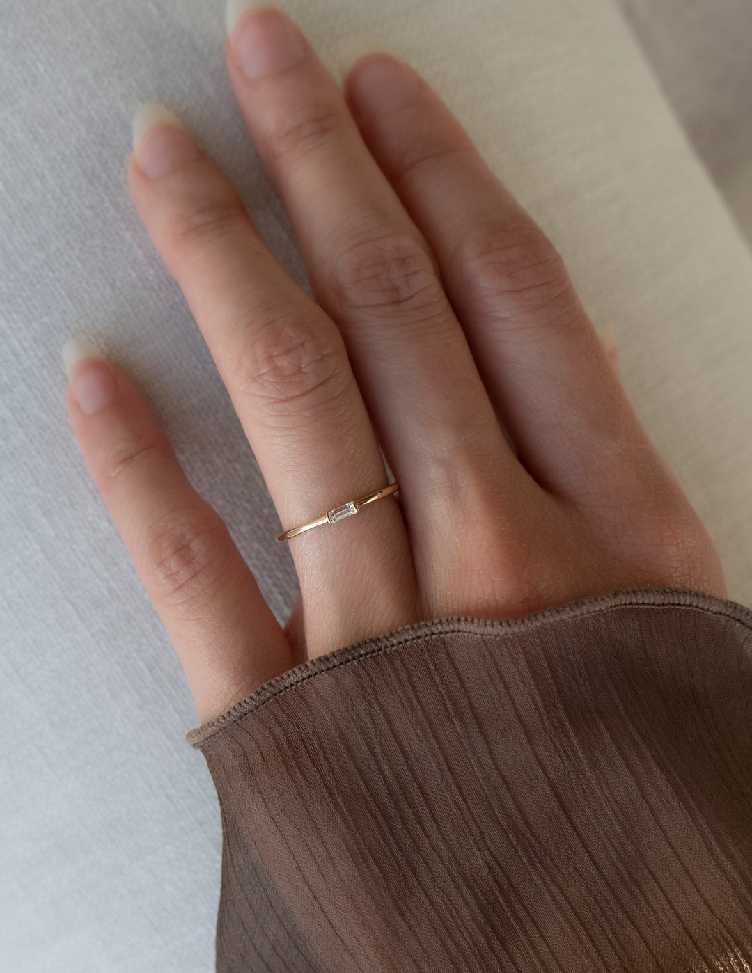 East West Solitaire Half Bezel | Stackable Ring- 0.06 CT Baguette Moissanite Wedding Band