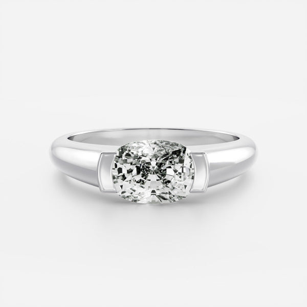 East West Solitaire Half Bezel with Signet Band-Elongated Cushion Lab Grown Diamond Engagement Ring - Solitaire-Oval Lab Grown Diamond Engagement Ring