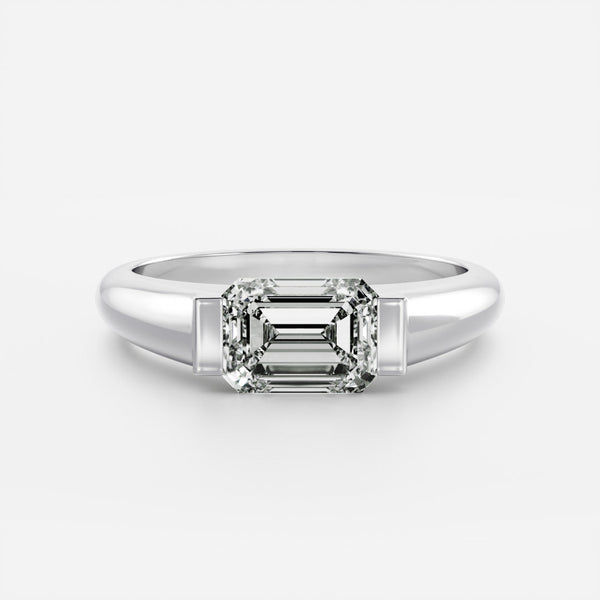 East West Solitaire Half Bezel with Signet Band-Emerald Lab Grown Diamond Engagement Ring - Solitaire-Oval Lab Grown Diamond Engagement Ring