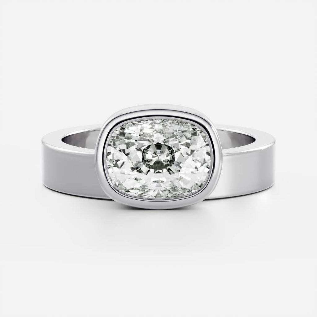 East West Solitaire Bezel Cigar Band- 2.6 CT Elongated Cushion Moissanite Engagement Ring