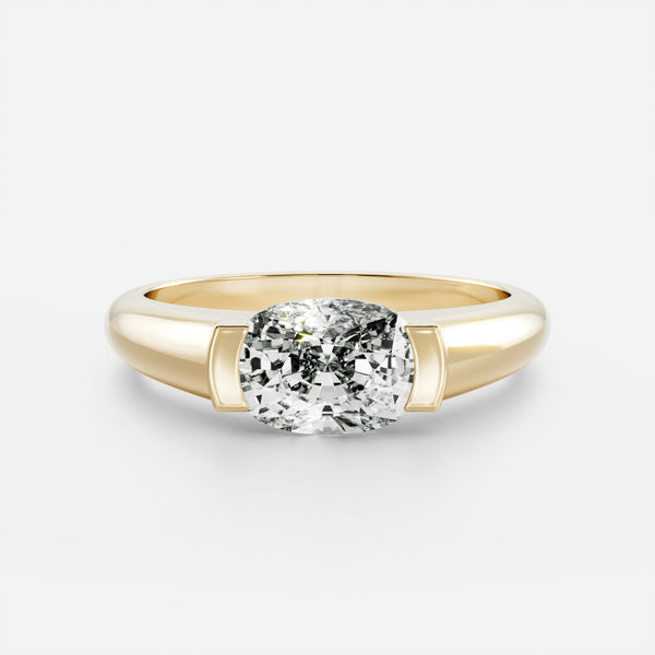 East West Solitaire Half Bezel with Signet Band-Elongated Cushion Lab Grown Diamond Engagement Ring - Solitaire-Oval Lab Grown Diamond Engagement Ring