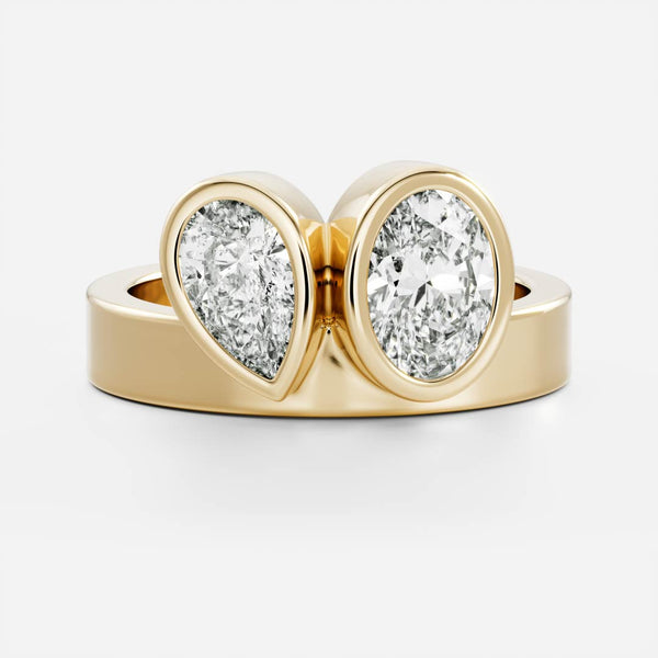 Toi Et Moi Bezel Cigar Band- 1.33 CT Pear & 1.5 CT Oval Moissanite Engagement Ring - Toi Et Moi Bezel Cigar Band- 1.33 CT Pear & 1.5 CT Oval Moissanite Engagement Ring