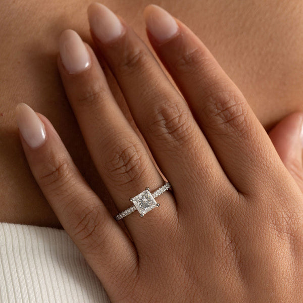 Pave-1.0 CT Princess Lab Grown Diamond Engagement Ring - Pave-1.0 CT Princess Lab Grown Diamond Engagement Ring