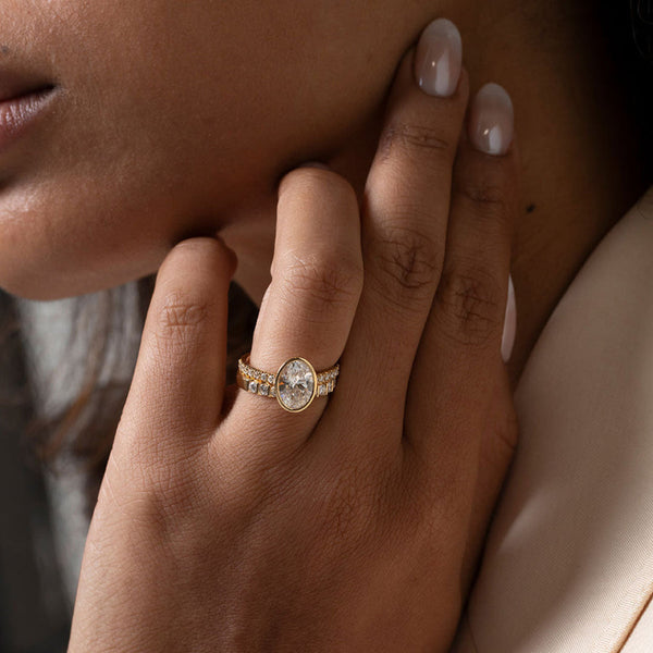 Solitaire Bezel & Pave-2.0 CT Oval Lab Grown Diamond Engagement Ring - Solitaire Bezel & Pave-2.0 CT Oval Lab Grown Diamond Engagement Ring